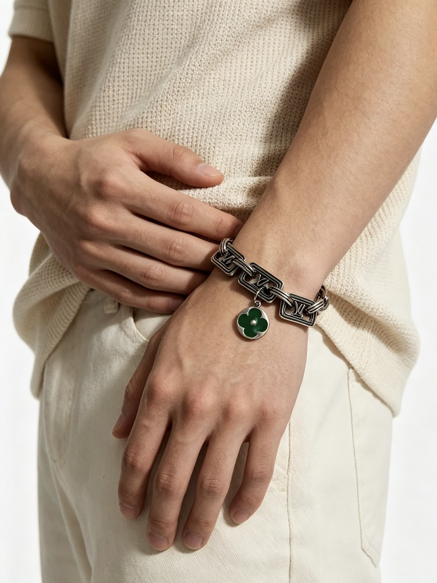 Louis Vuitton Silver Bracelet with Green Clover Charm